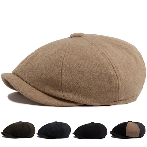Vintage Newsboy Cap Octagonal Hat British Style Polyester Woolen Warm Winter Adjustable Flat Cap For Men Women