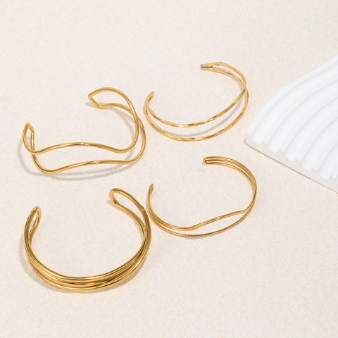 Minimalist Geometric Twist Wave Line Open Cuff Bangle For Women Chic 18K Gold Plated Stainless Steel Adjustable Bracelet