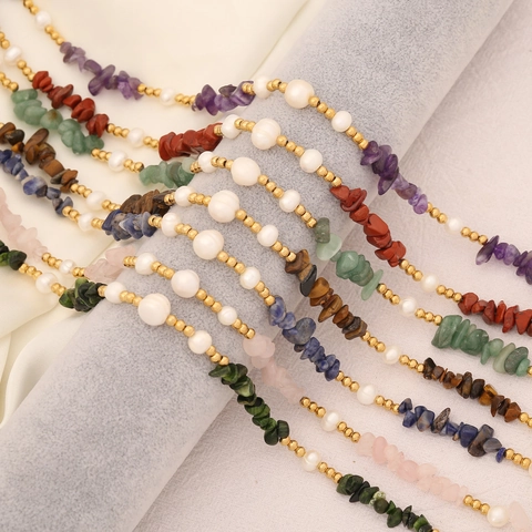 Natural Stone Artificial Pearl Stainless Steel Necklace Handmade Irregular Gemstone Beaded Clavicle Chain Bohemia Ethnic Jewelry For Women
