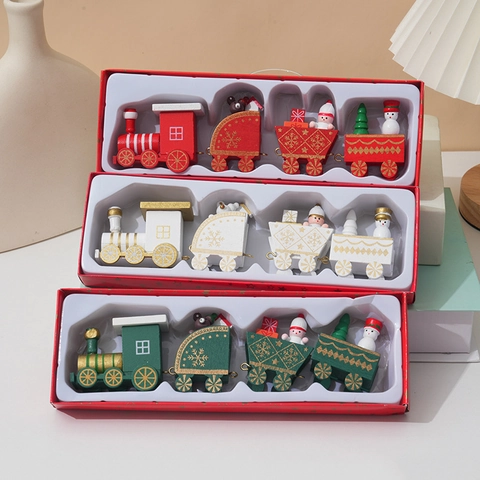 Christmas Wooden Train Ornaments Mini Desktop Decoration Cartoon Locomotive Carriages Snowman Bear Gift Decor For Holiday Home
