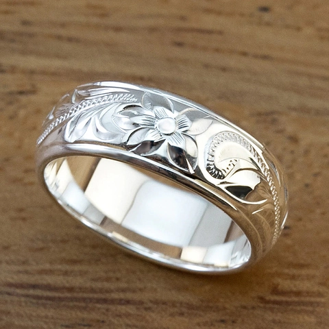 Hawaiian Floral Hibiscus Carved Scroll Band Ring Copper Silver Tone Vintage Classic Jewelry Men Women