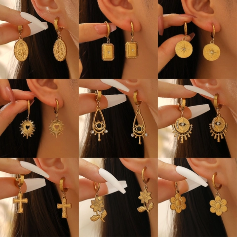 Edelstahl Gold Silber Bicolor Creolen Für Damen Minimalistisch Geometrische Herz Ananas Kirsche Böser Blick Kreuz Tropfen Ohrringe Schmuck