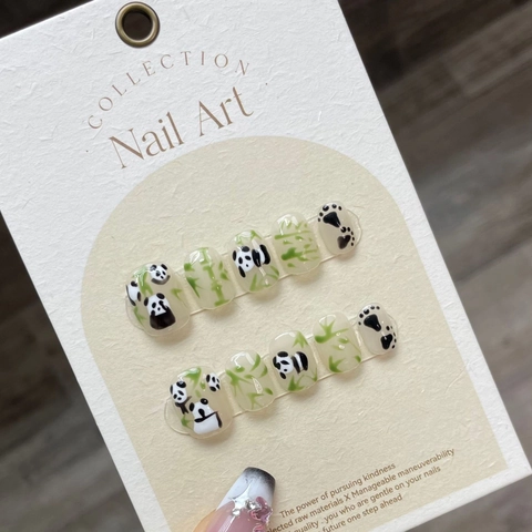 Handmade Press On Nails Hand Painted Giant Panda Bamboo Pattern Short Square Round Cute Cartoon Style For Women Reusable