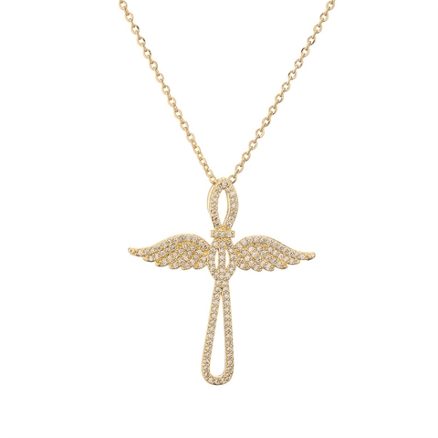 Collana con Pendente a Croce in Rame Placcato Oro Con Zirconia Ali di Angelo Colomba Caduceo Gioielli Religiosi Uomo Donna
