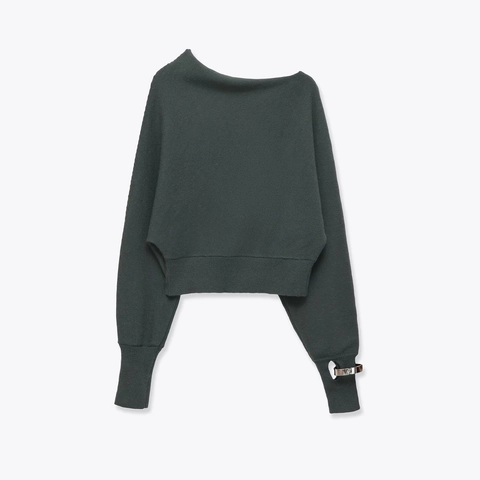 Pull En Tricot Pour Femmes Col Asymétrique Manches Longues Boucle Métallique Élégant Minimaliste Court Doux