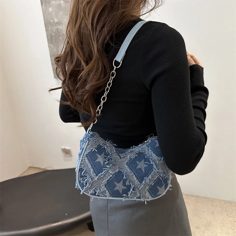 Vintage Denim Shoulder Bag For Women With Star Checkered Pattern Frayed Edges Metal Chain Strap Fashion Underarm Bag