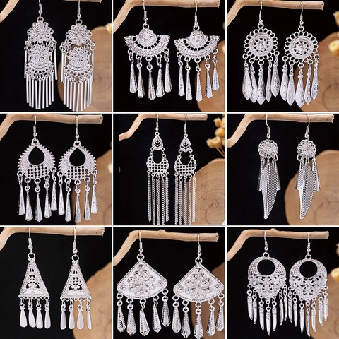Vintage Ethnic Σκουλαρίκια Με Φούντες Bohemian Hollow Flower Silver Color Alloy Κοσμήματα Για Γυναίκες