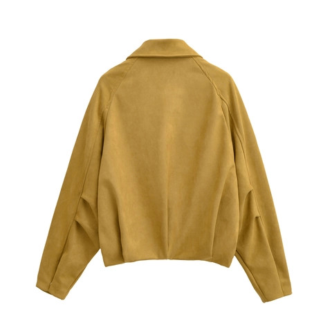 Chaqueta Bomber De Gamuza Sintética Para Mujer Solapa Manga Raglán Suelta Casual Pilot Outwear Color Sólido Con Bolsillos