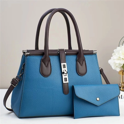 Tote Bag And Envelope Wallet Lychee Pattern PU Leather Contrast Color Business Commute For Women