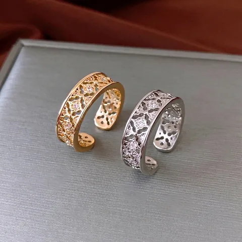Anillo De Flor Hueca Cobre Circón Abierto Ajustable Vintage Filigrana Exquisita Joyería De Moda Para Mujer