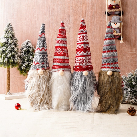 Kerstkabouter Wijn Decoratie Gebreid Gezichtsloze Oude Man Lange Baard Noords Patroon Feestelijke Tafelversiering