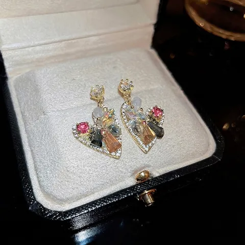 Orecchini Pendenti Cuore Lega Zircone Cristallo Colorato Moda Lusso Gioielli Donna Con Perno In Argento 925