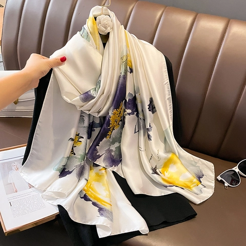 Elegante Bufanda De Satén De Imitación Con Estampado Floral Chal Grande Protección Solar Playa Para Mujer Moda Verano Pañuelo
