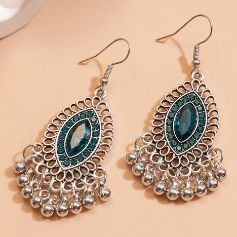 Vintage Bohemian Dangle Earrings Blue Rhinestone Geometric Hollow Out Tassel Ethnic Style With Steel Earring Post