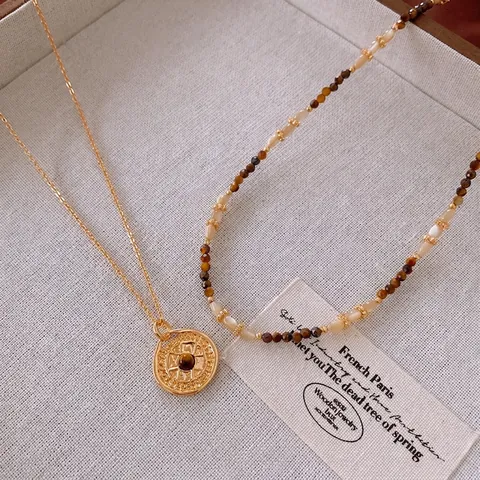 Vintage Layered Necklace Gold Plated Copper Compass Pendant Synthetic Tigers Eye Beaded Necklace For Women French Style