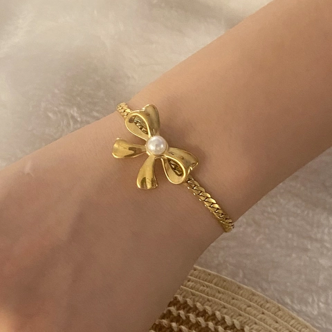 Collana Di Künstliche Perle Con Fiocco Bracciale E Orecchini Acciaio Inossidabile Placcato Oro Strass Gioielli Di Moda Per Donna
