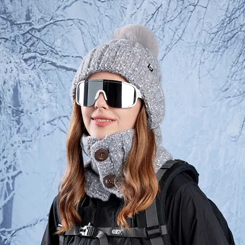 Winter Knitted Beanie Hat And Neck Warmer Acrylic Plush Lined Warm Windproof Outdoor Riding Skiing For Women