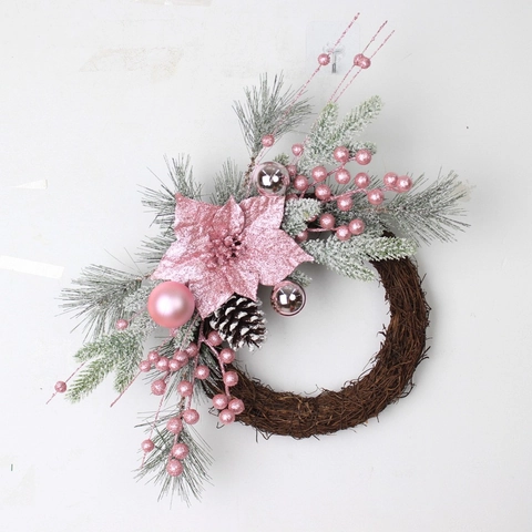 Pink Christmas Wreath Garland Flocked Snow Faux Pine Needle Poinsettia Pine Cone Ornament Festive Holiday Home Door Decor