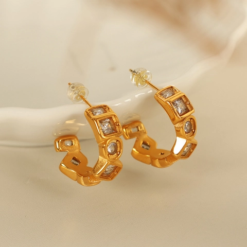 C-Form Ohrstecker Edelstahl 18K Vergoldet Bunte Brillanten Retro Geometrischer Modeschmuck Für Frauen