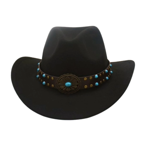 Cappello da Cowboy Occidentale Vintage per Uomo Donna Fedora a Tesa Larga Con Cintura in Pelle Fibbia in Metallo Turchese Stile Etnico Cappello da Sole