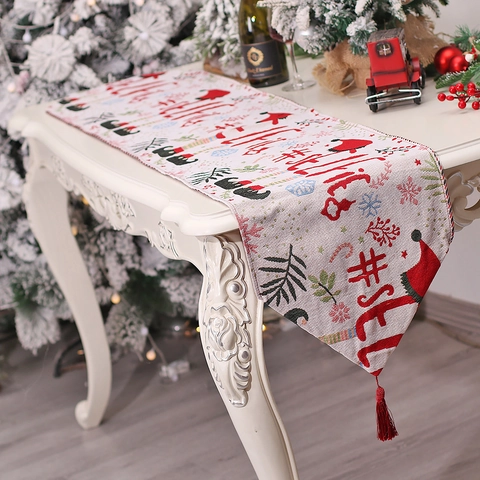 Christmas Table Runner Jacquard Fabric Reindeer Elf Poinsettia Print With Tassels Holiday Dinner Party Home Decoration