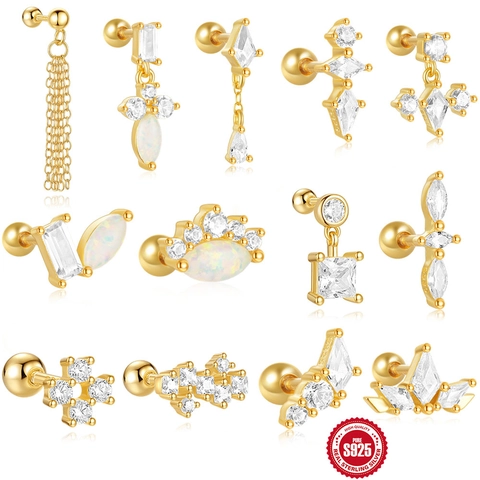 925 Sterling Silver Ear Cartilage Stud Earrings Gold Plated Zirconia Artificial Opal Geometric Crown Cross Piercing Jewelry