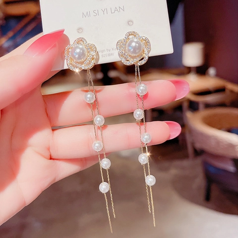 Orecchini A Nappa Con Fiori E Künstliche Perle Eleganti Strass Lunghi Pendenti Da Donna Con Perno In Argento Sterling 925