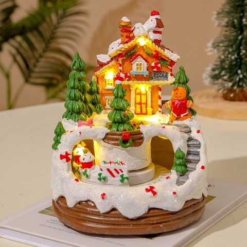 Decoración de Navidad Casa de Nieve Musical Luminosa de Resina Candy Shop con Tren Giratorio Luz LED Regalo de Navidad