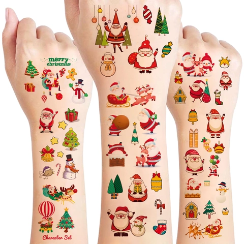 Tatuaggi Temporanei Di Natale Per Bambini Impermeabile Cartone Animato Babbo Natale Renna Pupazzo Di Neve Regali Di Festa