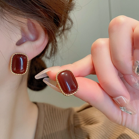 Vintage Vierkante Oorknopjes Wijnrood Acryl Verguld Koper Met 925 Sterling Zilveren Oorbellenpost Franse Stijl Voor Dames