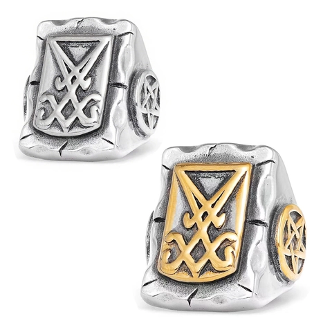 Anillo Sigillo Di Lucifero Acciaio Inossidabile Pentacolo Croce Di Leviatano Vintage Gothic Punk Rock Per Uomini