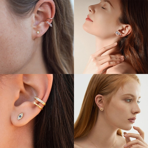 925 Sterling Silver Stud Earrings For Women Sparkling Zircon Gold Plated Elegant Fashion Lightweight Jewelry