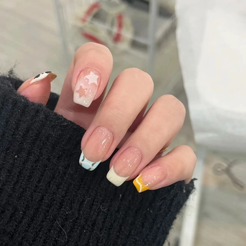 French Star Cow Print Press On Nails Handmade Color Blocking Square Round Shape Trendy Fake Nails For Women