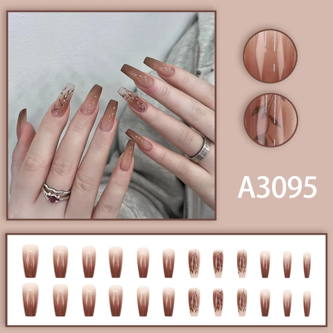Kunststoff Press On Nägel Braun Gradient Herbst Blatt Muster Lang Coffin Ballett Elegant Glänzend Für Frauen