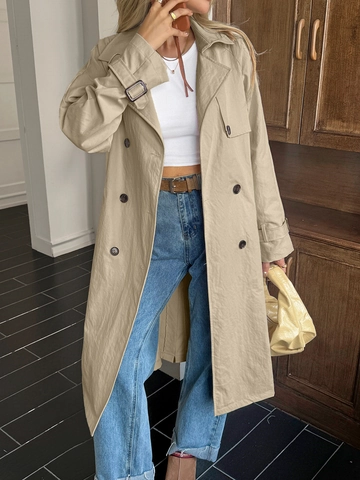 Women Long Trench Coat Double Breasted With Belt Polyester Solid Color Lapel Classic Urban Outerwear
