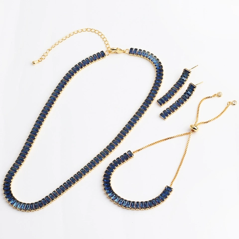 Collier Bracelet Boucles D'oreilles Zirconia Arc-En-Ciel Cuivre Plaqué Or 18K Taille Baguette Pierres Rectangulaires Bijoux Femmes