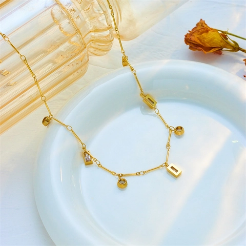 Collar Con Colgante Minimalista De Acero Inoxidable Rectángulo Redondo Circón Color Oro Joyas De Moda Para Mujer