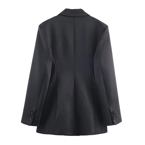 Damen Satin Blazer Und Weite Hose Passende Outfits Doppelreihig Büro Dame Elegant Einfarbig Streetwear