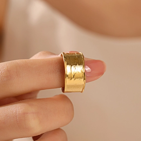 Anello A Fascia Larga Trama Martellata Acciaio Inossidabile Regolabile Aperto Gioielli Di Moda Minimalisti Da Donna