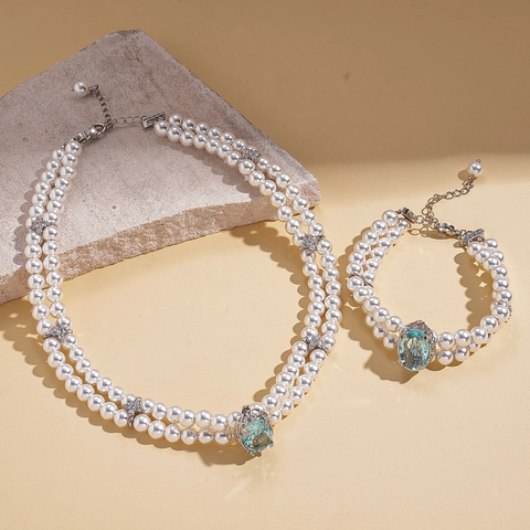 Collana E Bracciale Di Künstliche Perle Sintetiche Doppio Strato Donna Vintage Zircone Blu Ciondolo Pietra Ovale Elegante Barocco Gioielli Rame