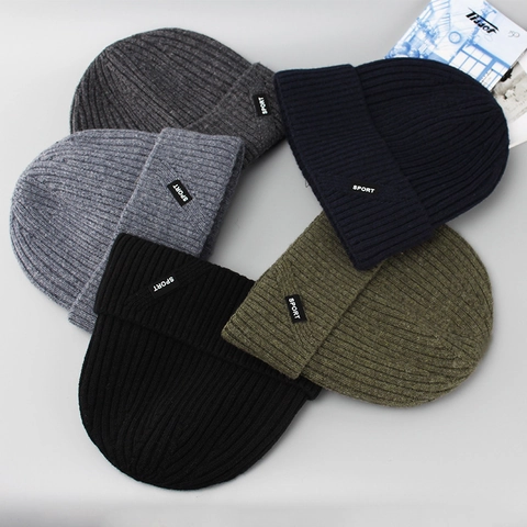 Men Winter Beanie Hat Wool Acrylic Blend Knitted Warm Thick Double Layer Fleece Lined Outdoor Sport Label Casual