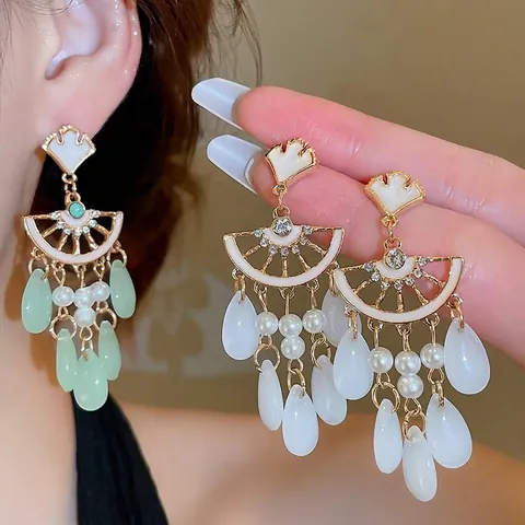 Pendientes Colgantes Vintage Con Hoja De Ginkgo Y Forma De Abanico Con Poste De Plata De Ley 925 Perla Artificial Diamantes De Imitación Vidrio Gota De Agua Borla