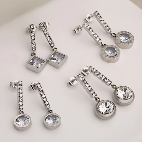 Light Luxury Stainless Steel Rhinestone Stud Earrings Fashion Geometric Square Round Roman Numeral Dangle Earrings For Women