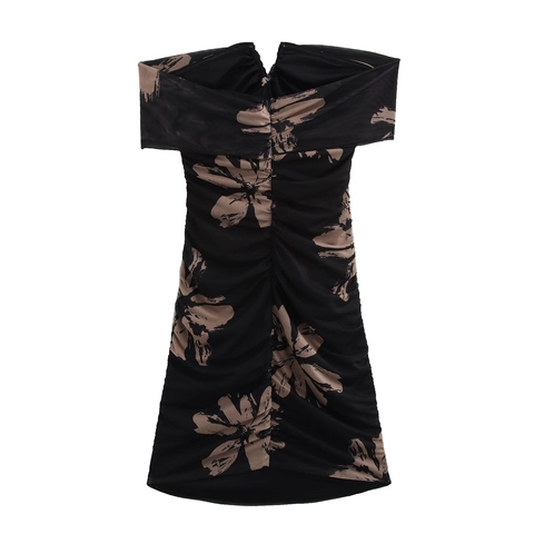 Sexy Schulterfreies Netz Minikleid Blumenprint Gerafft Bodycon Schlank Elegant Clubwear Damen Ausgehen