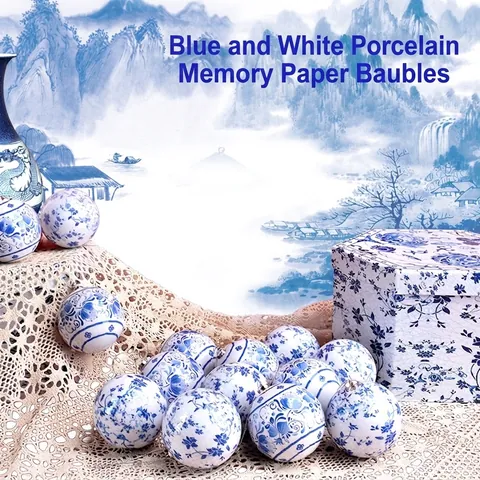 Blue And White Porcelain Pattern Christmas Balls Paper Wrapped Lightweight Hanging Ornaments For Holiday Tree Window Party Decor