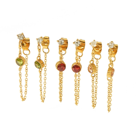 Stainless Steel Tassel Drop Earrings With Colorful Zircon Long Chain Studs Fashion Jewelry For Women