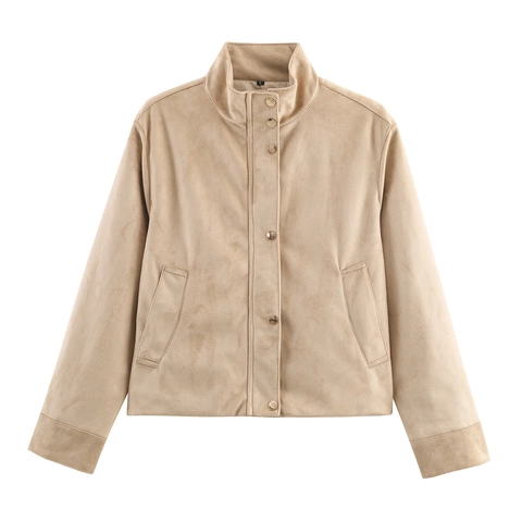 Chaqueta De Gamuza Sintética Para Mujer Color Sólido Cuello Alto Cremallera Ropa De Abrigo Con Botones Bolsillos Informal