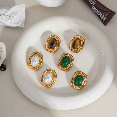 Vintage Oval Stud Earrings Gold Plated Stainless Steel Inlaid Tiger Eye Malachite Faux Artificial Pearl Hypoallergenic Jewelry For Women