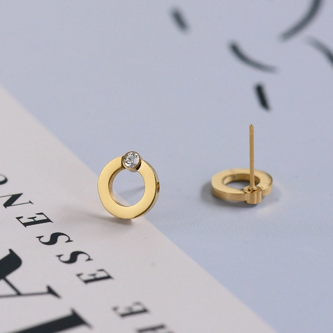 Pendientes De Aro Geometricos Minimalistas De Acero Inoxidable Con Un Solo Diamante De Imitacion Para Mujer Chapados En Oro