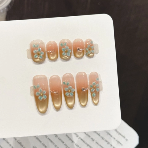 Handgefertigte Künstliche Nägel Rosa Gold Katzenauge Farbverlauf 3D Seladon Blume Strass Künstliche Perle Dekoration Süße Damen Nägel
